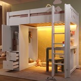 thumbnail of Hochbett 90x200 mit integriertem Schreibtisch, Stauraum und LED-Beleuchtung – Praktisches Design in Weiß mit Kiefernholz und MDF