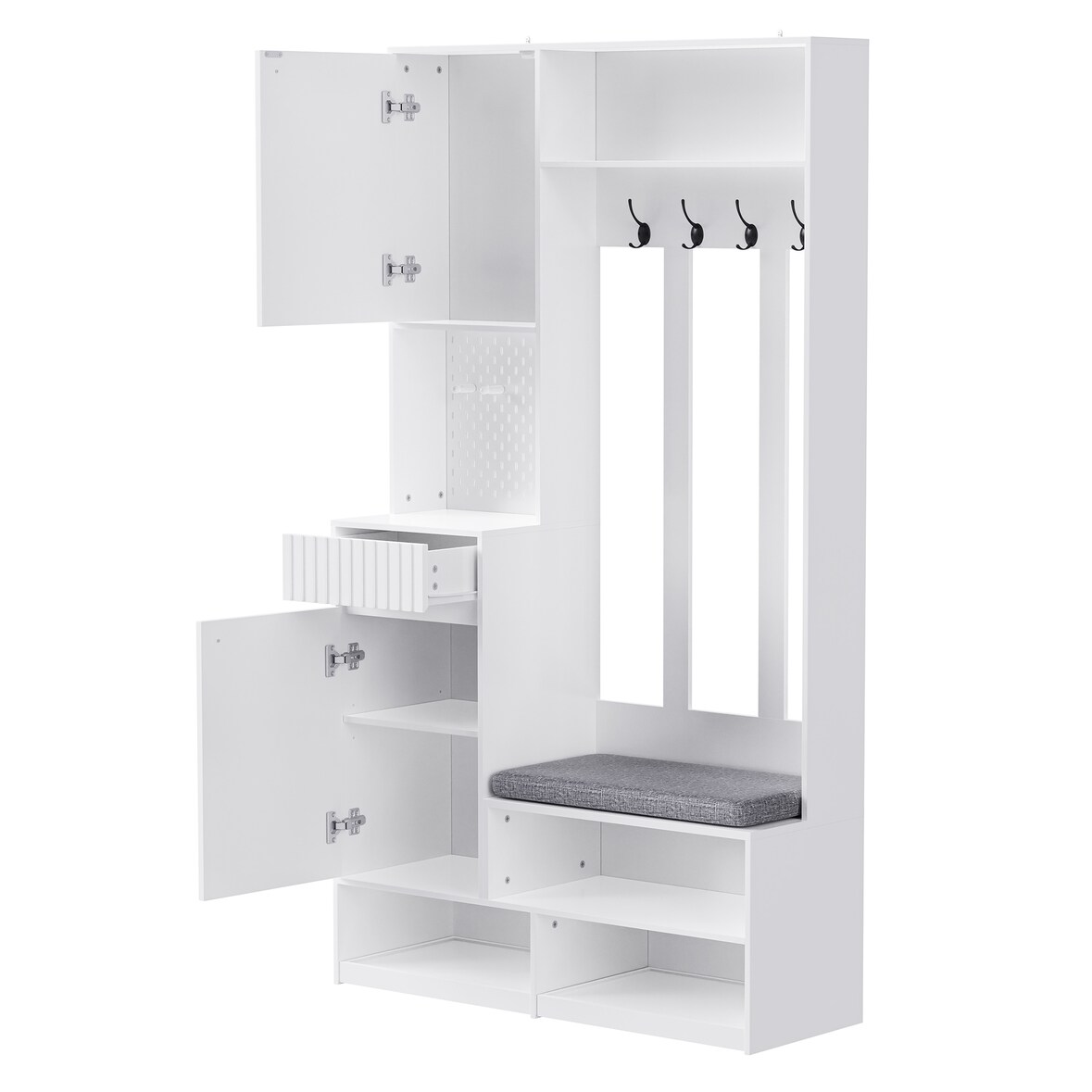 Garderobenset Komplett-Set Flurgarderobe mit Sitzbank 100x180x35 cm Weiß aus MDF mit 4 Haken und Schubladen
