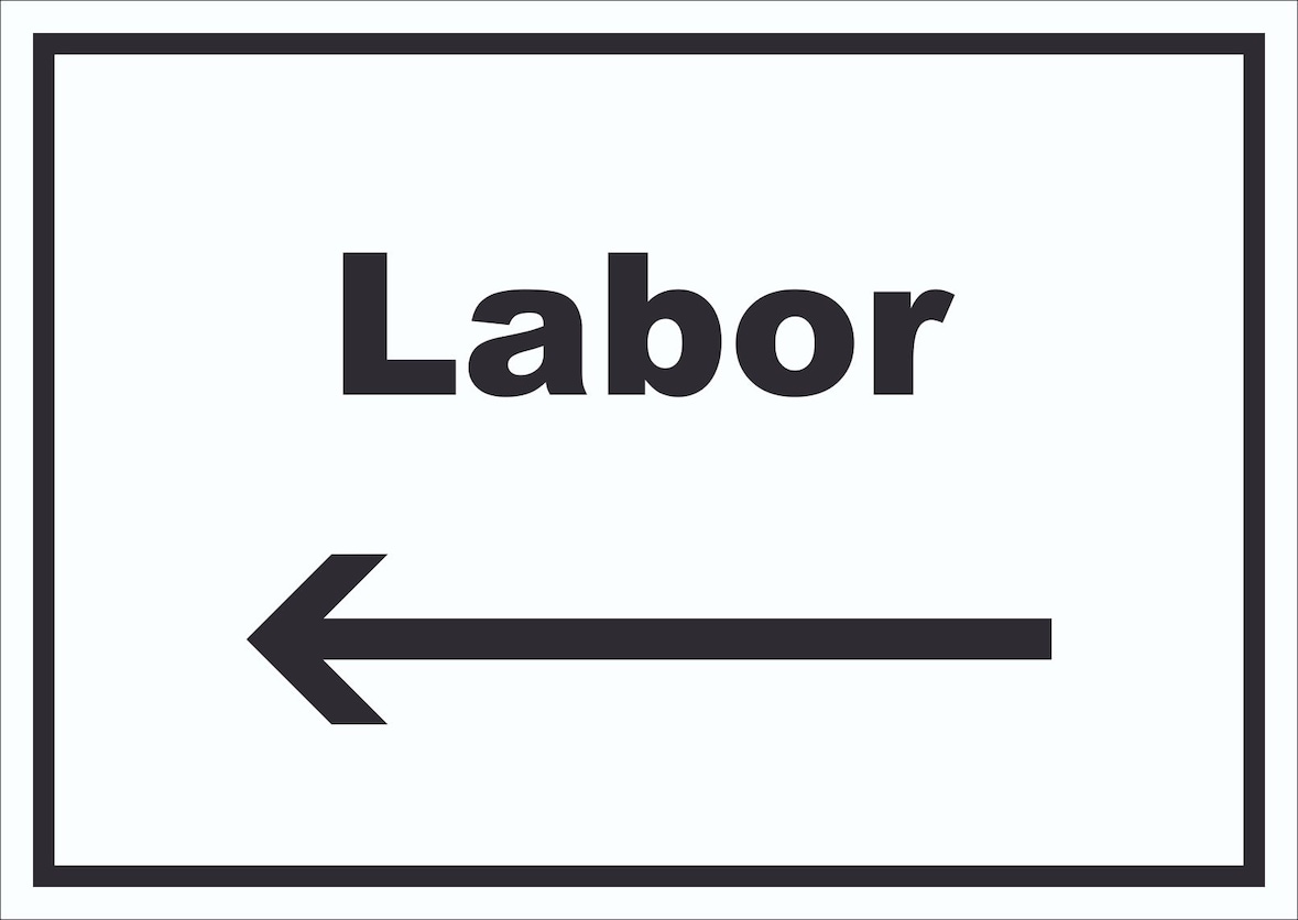 Labor Schild mit Text und Richtungspfeil links untersuchen forschen waagerecht A5 Rückseite selbstklebend