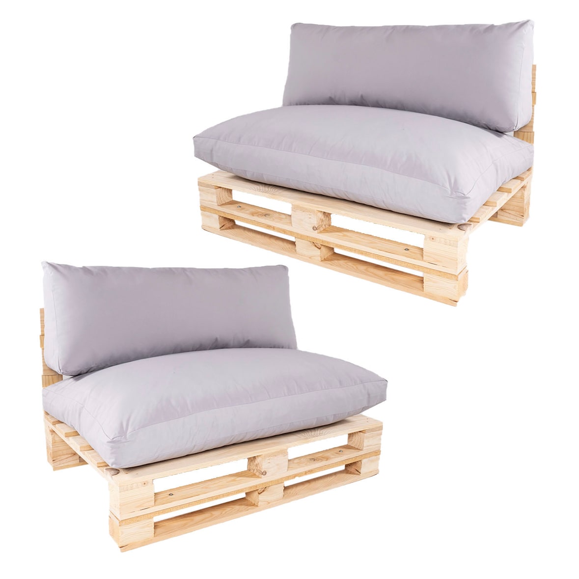 Pack de 2 Sofás de paletes com almofadas, em pinho novo, Poliéster 180 gr, Cor Pedra, 120x80x70