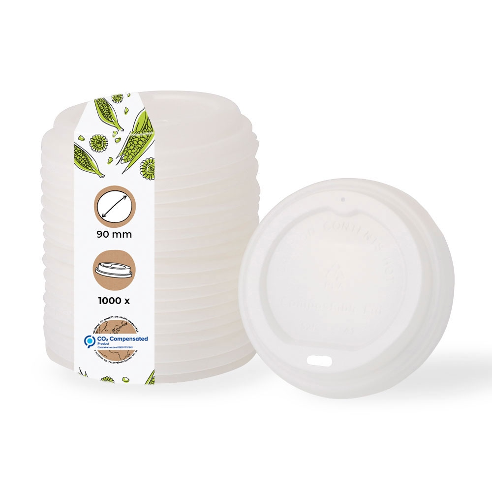 BIOZOYG 1000 Stück Einwegdeckel Ø 90mm, weiß  CPLA Bio Plastikdeckel Kaffeedeckel kompostierbar, biologisch abbaubar, umweltfreundlich
