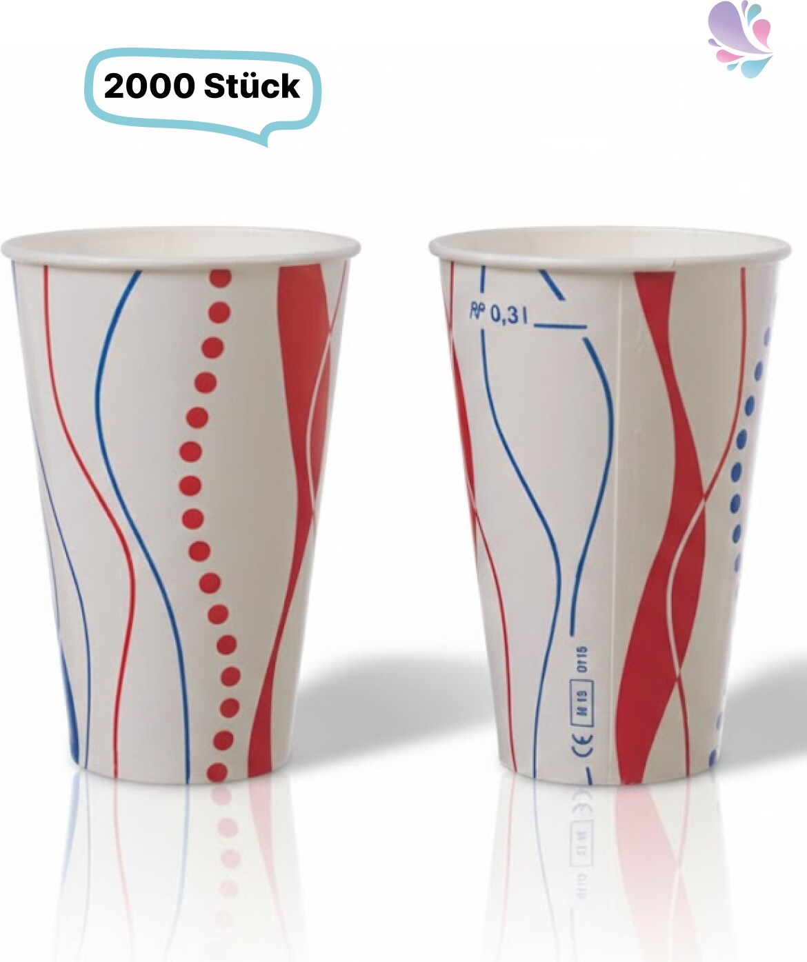 Papptrinkbecher aus Hartpapier rot-blau gestreift mit Eichstrich, Kaltgetränkebecher Retro, 2.000 Stück: Größe - 0,25 l (12oz)