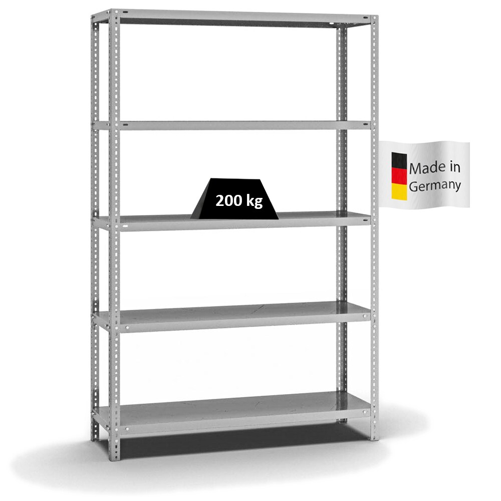 PROREGAL Fachbodenregal Schraubsystem | Grundregal | HxBxT 200x130x40cm | 5 Ebenen | Fachlast 200 kg | Beidseitig nutzbar | Verzinkt