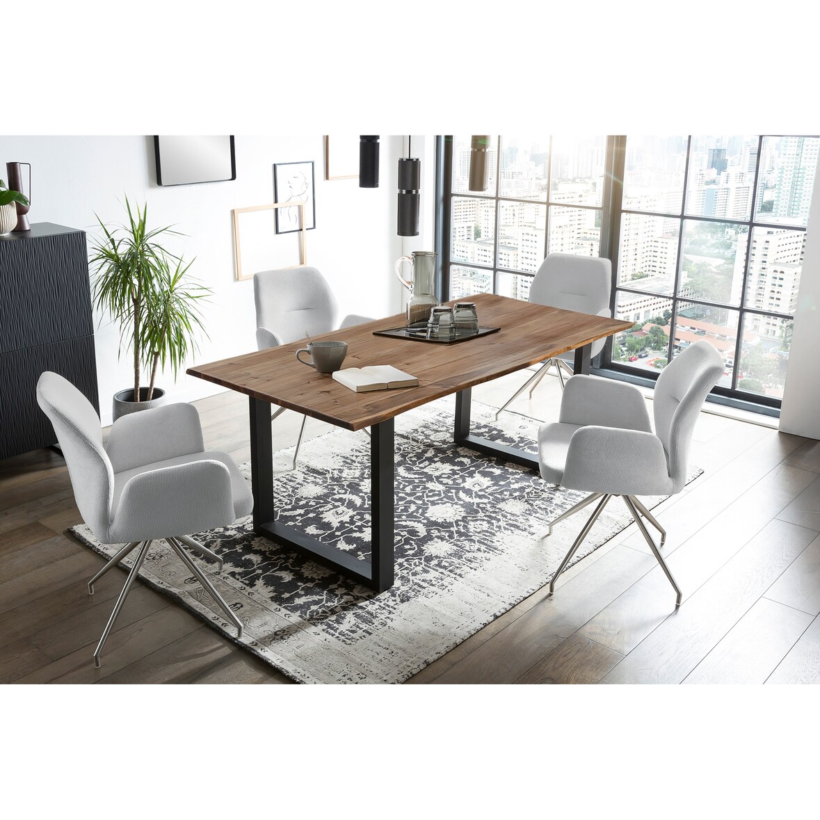 SalesFever Esstischgruppe 5-tlg.|160x90cm|Platte Akazie 26mm nussbaum|Metallgestell schwarz|4 Armlehnstühle 180° drehb. Strukturstoff |hellgrau