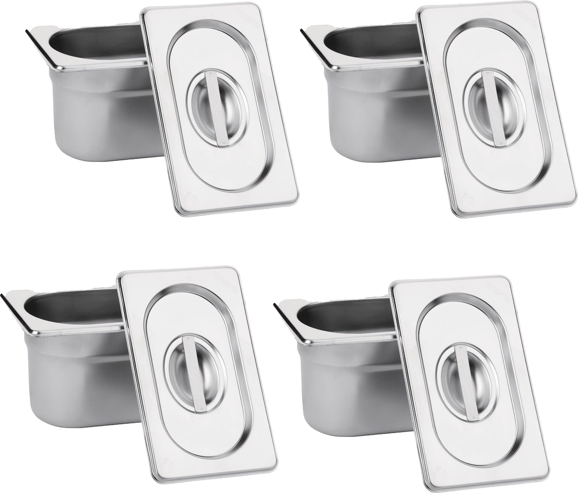 Vogue GN-Behälter GN1/4 - 6,5cm - 1,7 L - 4 Behälter incl. Deckel - Edelstahl
