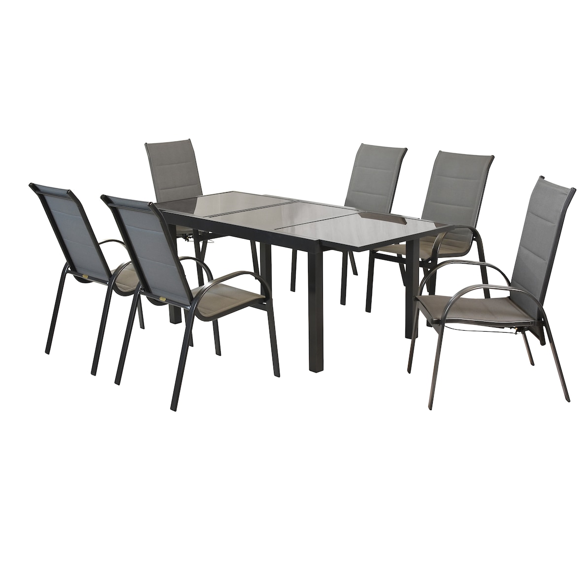 Merxx Amalfi Set 7tlg., 4 Stapelsessel, 2 Stapelsessel mit Gasdruck, 1 Tisch 140(200) x 90 cm, Aluminuium, Graphit/Grau