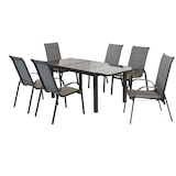 thumbnail of Merxx Amalfi Set 7tlg., 4 Stapelsessel, 2 Stapelsessel mit Gasdruck, 1 Tisch 140(200) x 90 cm, Aluminuium, Graphit/Grau