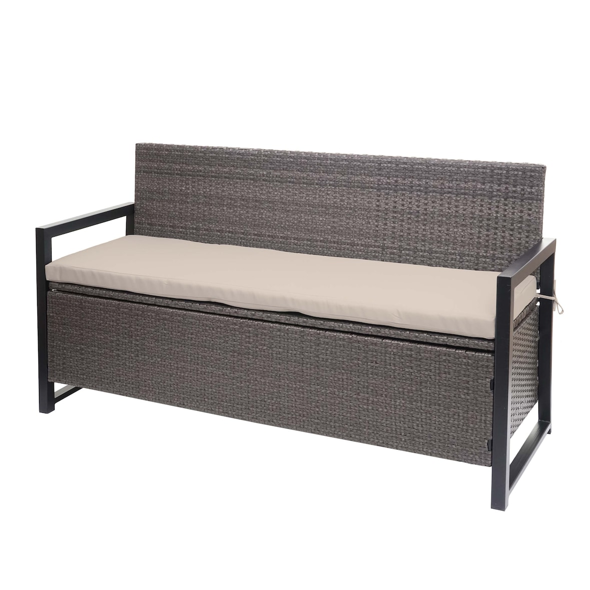 Banco de polirratán de 3 plazas HWC-F39, banco de jardín banco arcón, compartimento de almacenaje cojines de asiento ~ gris moteado, cojines beige