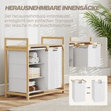 thumbnail of Wäschekorb Wäschesammler aus Bambus Weiß 70x36x70 cm mit 4 Fächern 2 herausziehbaren Wäschesäcken Ablage und seitlichen Griffen