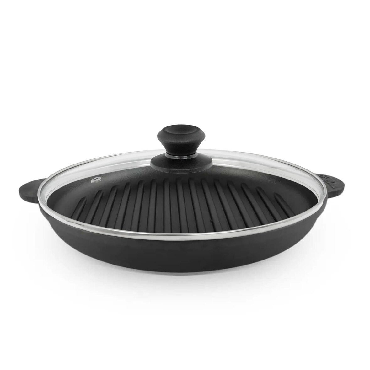 Ø28cm Grillpfanne aus Gusseisen Bräter mit Glasdeckel Schmortopf zwei Griffe Servierpfanne Grill