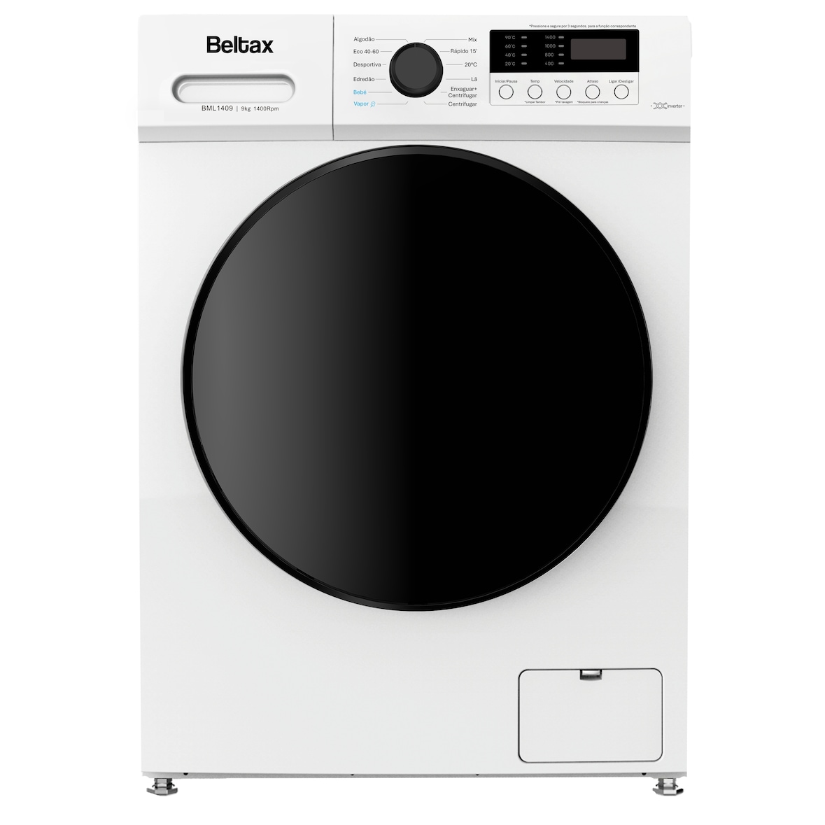 Máquina Lavar Roupa Beltax BML1409; Classe A; Capacidade: 9kg; 1400 rpm; 13 programas; Motor Inverter
