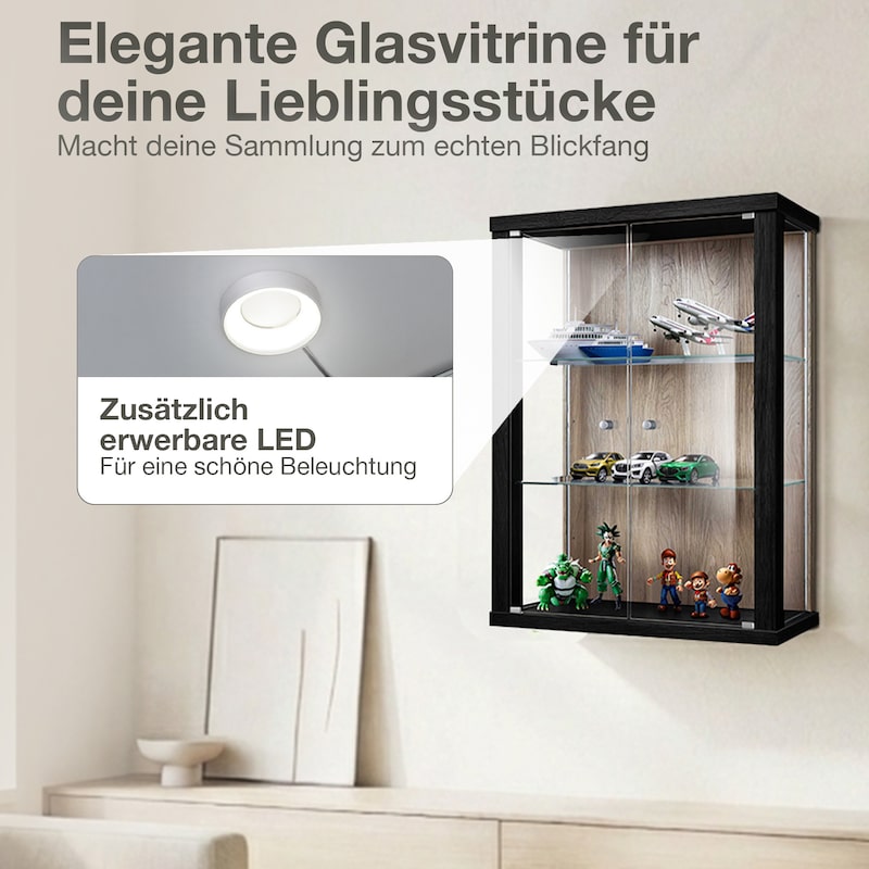 K-Möbel Hängevitrine Glas 80x60x25 cm Made in Germany mit 2 Höhenverstellbaren ESG Glasböden Schwarz & Sonoma Eiche