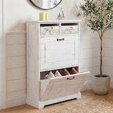 thumbnail of Carro zapatero HWC-H19, armario zapatero, cajón cesta aspecto shabby madera maciza 100x60x24cm ~ blanco