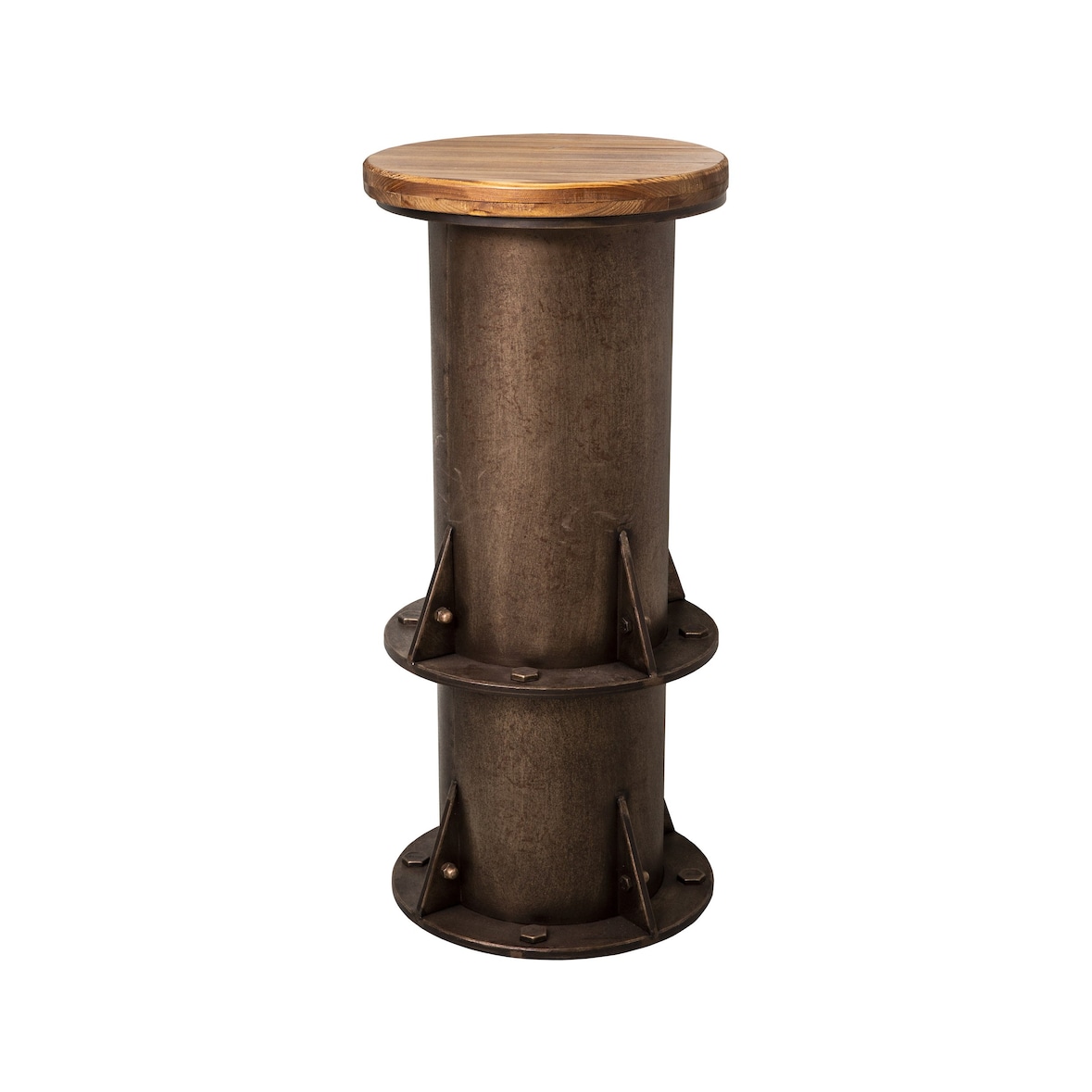 Tabouret de bar fer et bois ciré, H: 73 Ø33 épaisseur assise 3 cm