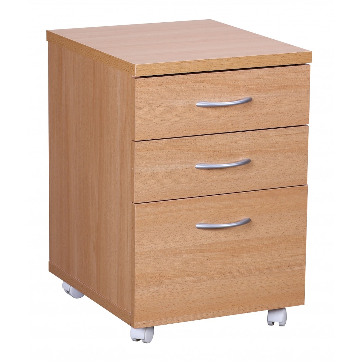 Moderner Büro Rollcontainer in Buche, 60 cm, mit 3 Schubladen, elegante Aluminiumgriffe, praktische Rollen für leichte Beweglichkeit | Kadima Design