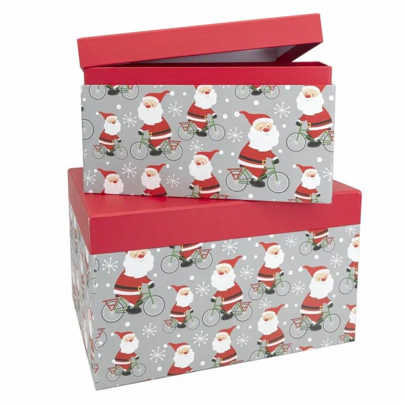 2 Geschenkboxen Santa auf Fahrrad Weihnachten 21,5x12x16cm/25x14x19cm Geschenkverpackung
