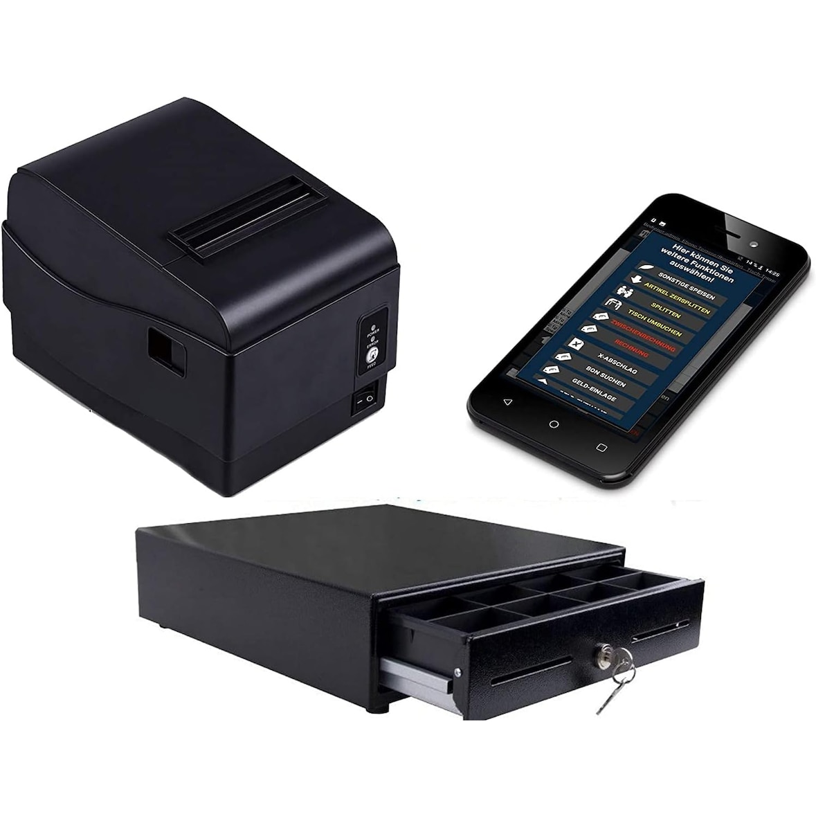 Handy MINI-Kasse für Gastronomie: 5" Kassenterminal, Bondrucker, Kassenlade
