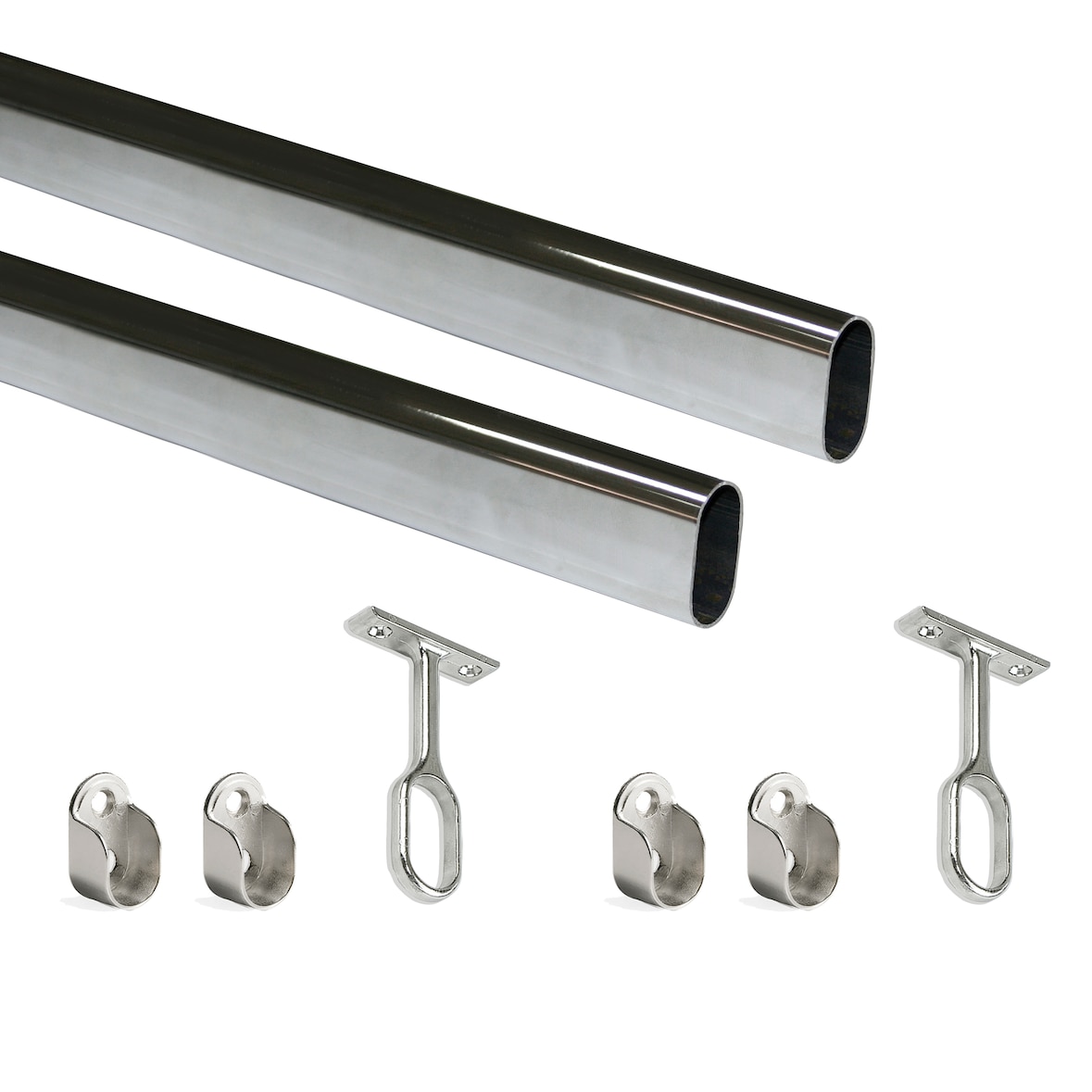 Emuca Lotto di 2 tubi appendiabiti ovali 30x15mm per armadi lunghezza 1,15m rifilabili con reggitubi, Acciaio e Zama, Cromato lucido