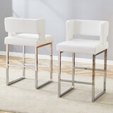 thumbnail of Barhocker Set 2er mit Rückenlehne 91x48x53 cm Weiß+Silber, quadratischer Polstersitz, PU Bezug, Metallbeine, nordischer Stil