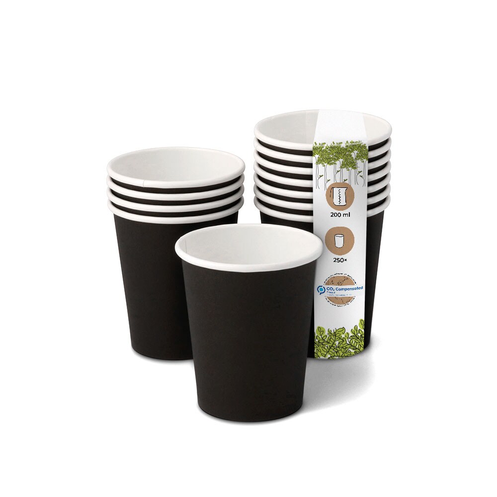 BIOZOYG 250 Stück Einwegbecher 200ml / 8oz Pappbecher Einmalbecher schwarz bedruckt Kaffee Heißgetränke Recycling biologisch kompostierbar