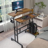 thumbnail of höhenverstellbarer Sitz-Steh Schreibtisch 80x60cm, Stehpult, drehbar, Mobiler Stehtisch mit neigbar Tischplatte, Braun