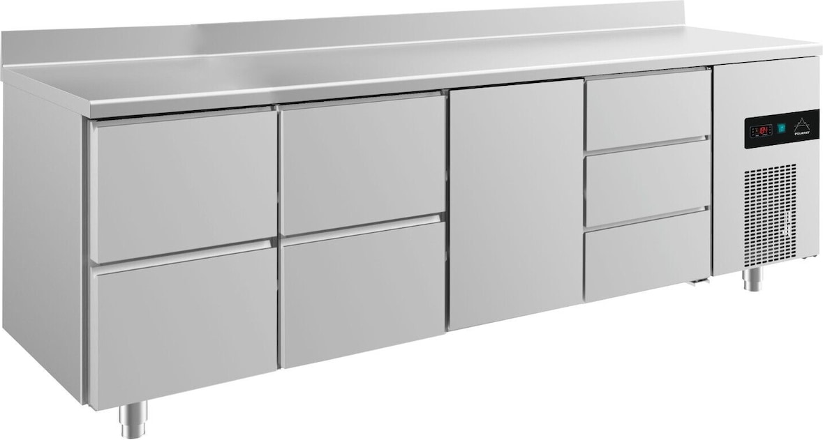 Gastro Kühltisch je 2 Schubladen links&mittig 1 Tür mittig 3 Schubladen rechts, Aufkantung, Umluftkühlung 2330x700x850mm -2/+8°C 632l