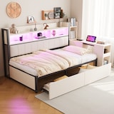 thumbnail of Multifunktions-Einzelbett 90x200 cm mit Stauraum, ausziehbarem Schreibtisch, Steckdosen, Schubladen, minimalistisches Design, Weiß