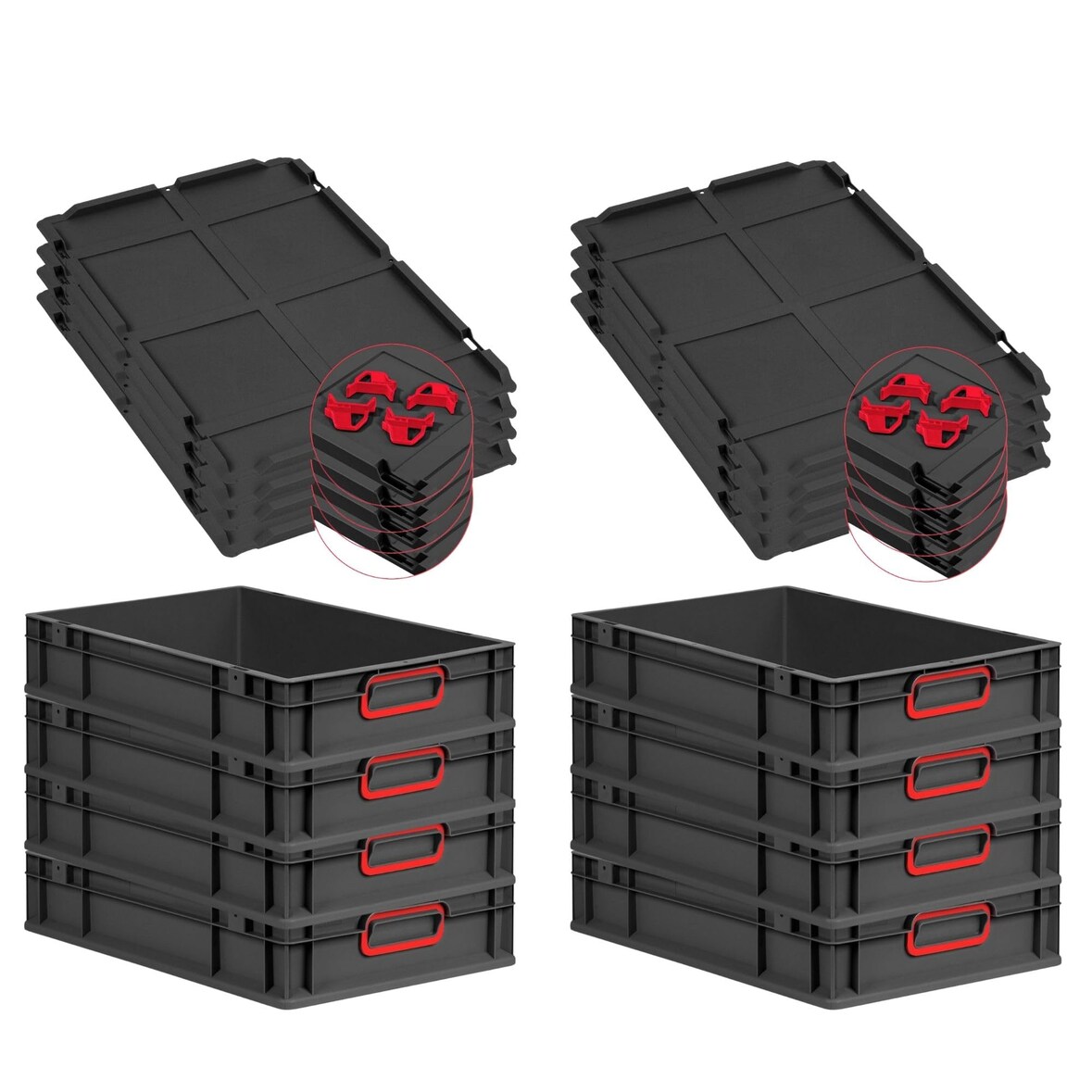 PROREGAL SuperSparSet 8x Eurobox NextGen Color mit Auflagedeckel & Verschlüsse, HxBxT 12x40x60cm, 23L, Schwarz, Griffe rot zu, Eurobehälter