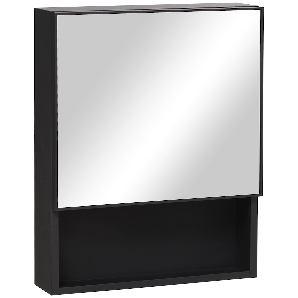Spiegelschrank Bad Hängeschrank 46x14x58 cm Schwarz mit Spiegeltür 3 Fächern Edelstahl wasserfest lackiert wandmontiert