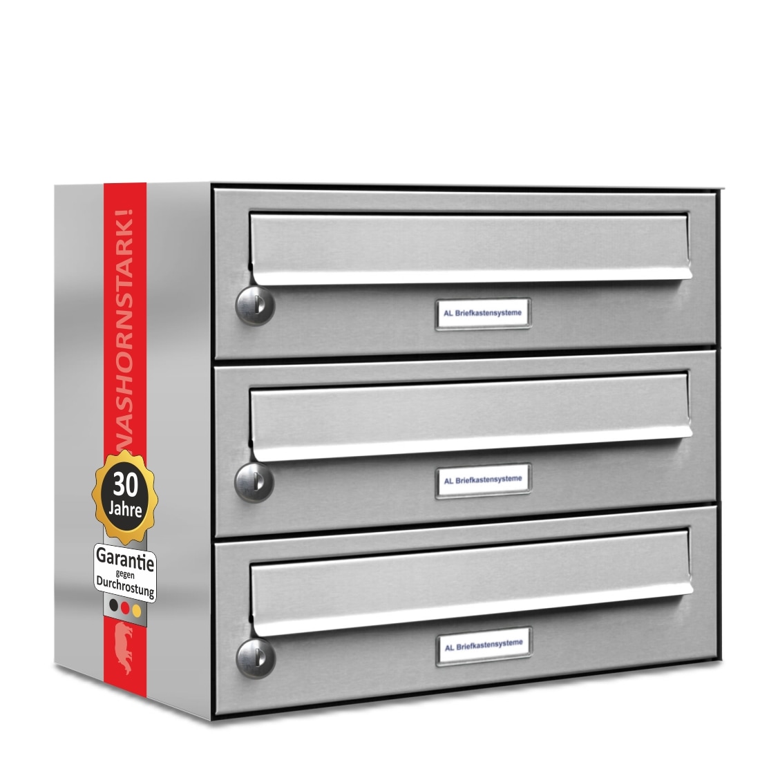 AL Briefkastensysteme 3 Fächer Premium Edelstahl Wand Briefkasten Anlage für Post A4, modern, robust und wetterfest, Artikelnummer: 132T3EA1