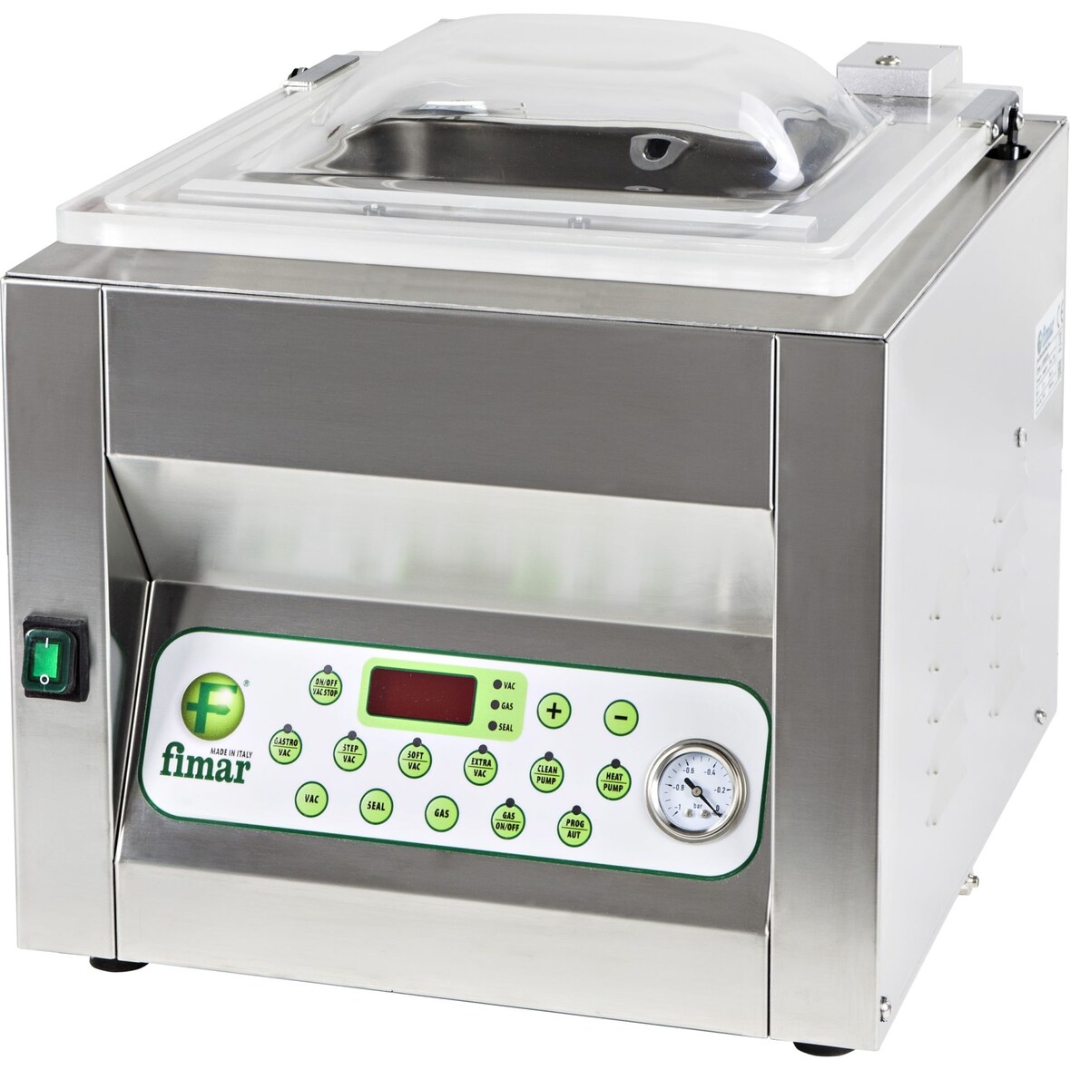 Sottovuoto a Campana con barra saldante 400 mm. Pompa BUSCH. Telaio e vasca inox. Misure cm 51x56x45(h). FIMAR modello CAM400T