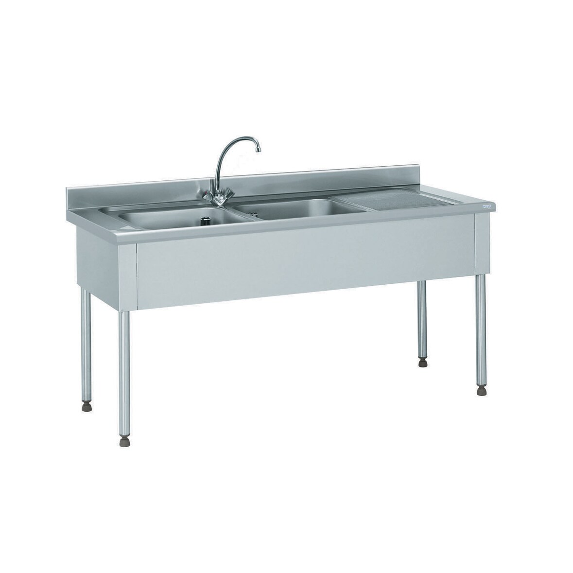 Tournus-aanrecht 1800x600x900mm met 2 wastafel van 500x500x250mm. Met 3-zijdige bekleding, opstaande rand van 100mm. Met kraan. 1 afdruipvlak rechts.