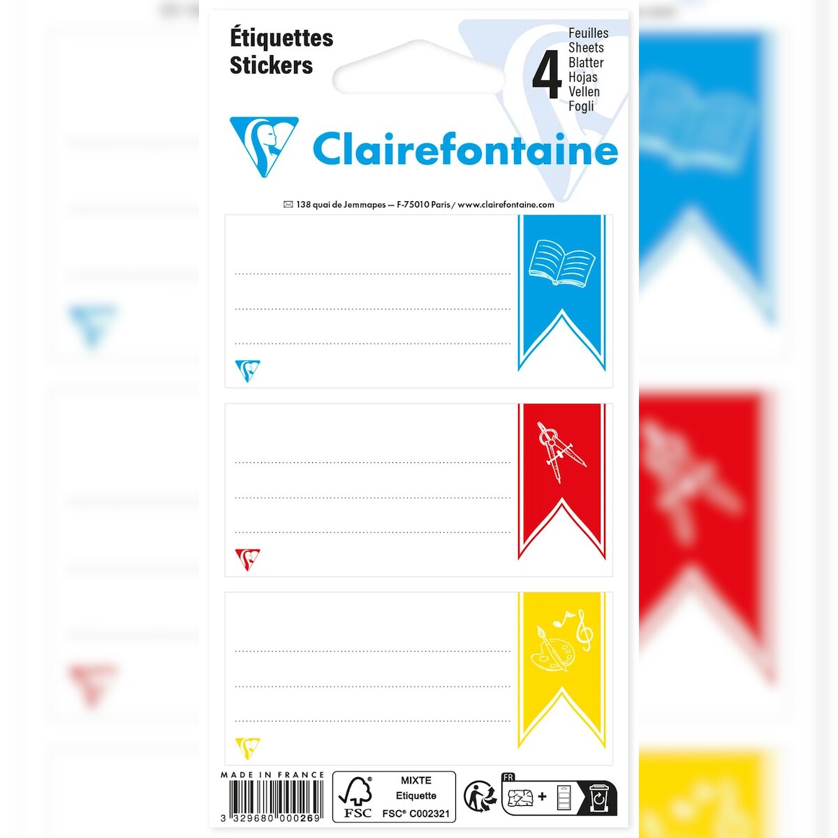 Clairefontaine 25x Packung mit selbstklebenden Etiketten, 33,5x75 mm - Gedrucktes Motiv 26C