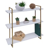 thumbnail of Estante de pared HWC-K78, estante colgante estante flotante, 3 estantes de metal de madera maciza industrial 60x60x18cm ~ blanco, oro metálico
