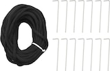 Ein schwarzes Seil und 12 Heringe.