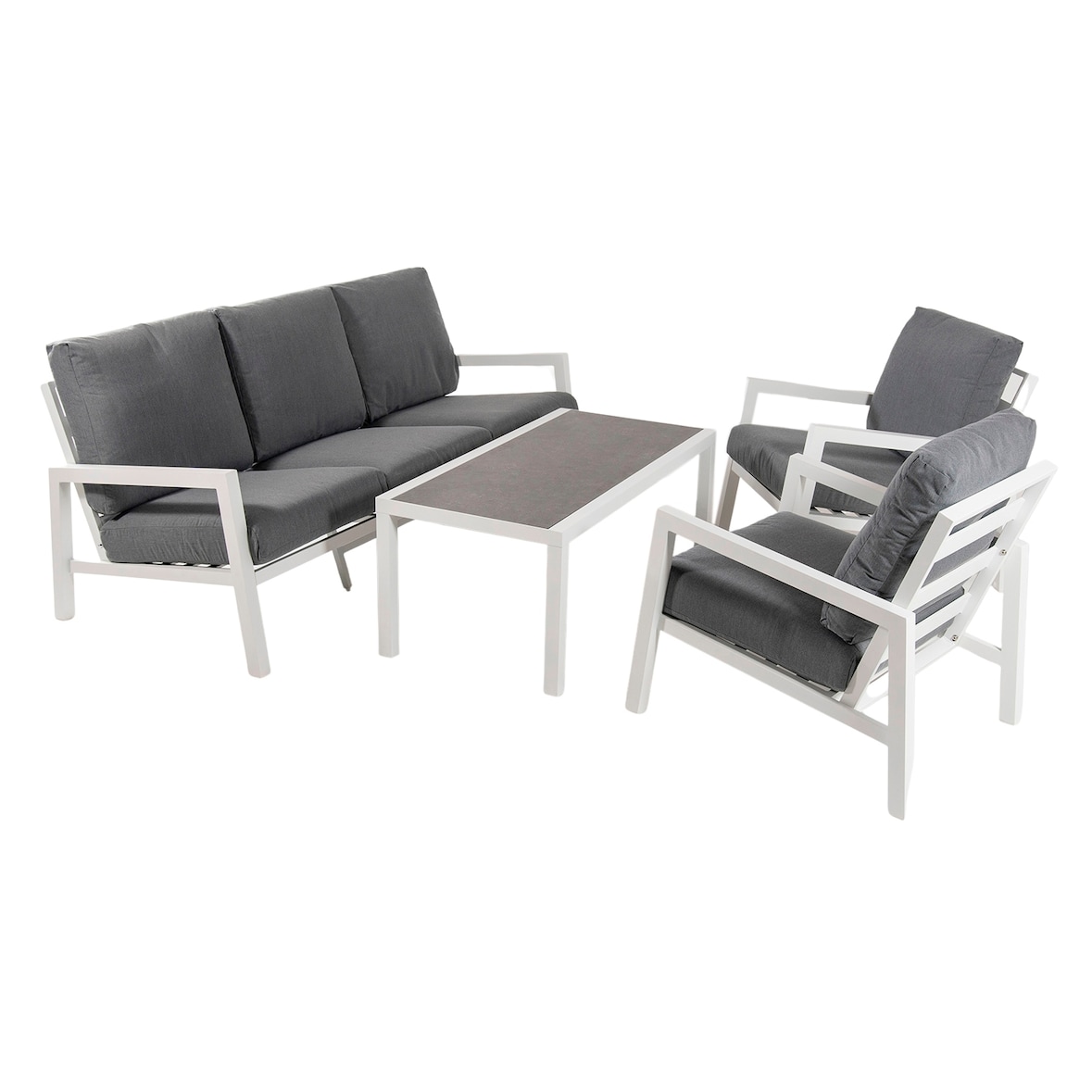 Conjunto sofás jardín, Aluminio reforzado color blanco, Sofá 3 plazas y 2 sillones y Mesita café, 5 plazas, Cojines color gris, Set relax para patio