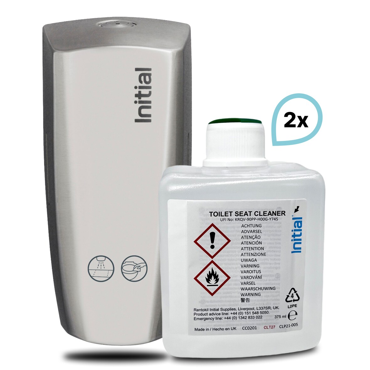 SET: WC-Sitzreiniger Reflection MANUELL, bis zu 15.000 Anwendungen, Edelstahl + 2x375ml Kartuschen, Rentokil INITIAL