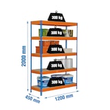 thumbnail of SimonRack Industrieel rek, 2000x1200x450 mm, 300 kg buigpunt, 5 houten legborden, garagerek, Blauw/Oranje/Hout- Bricoforte