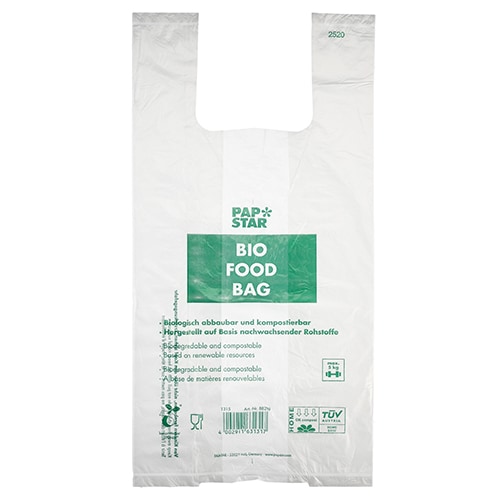 PAPSTAR 100 Hemdchen-Tragetaschen, Bio-Folie 55 cm x 28 cm x 20 cm transparent Knotenbeutel auf Rolle