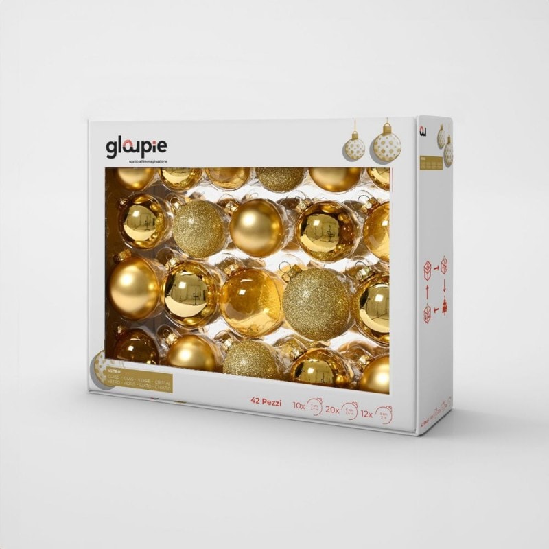 GLOUPIE Box 42 Palline Per Albero Di Natale In Vetro Resistente Oro, 3 Misure Ø 7, 6, 5 cm, In Diverse Finiture Color Oro