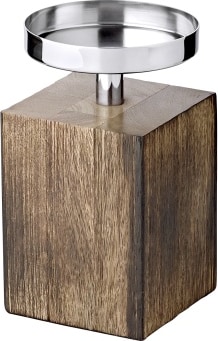 Ein hölzerner Kerzenständer mit Metallsockel.