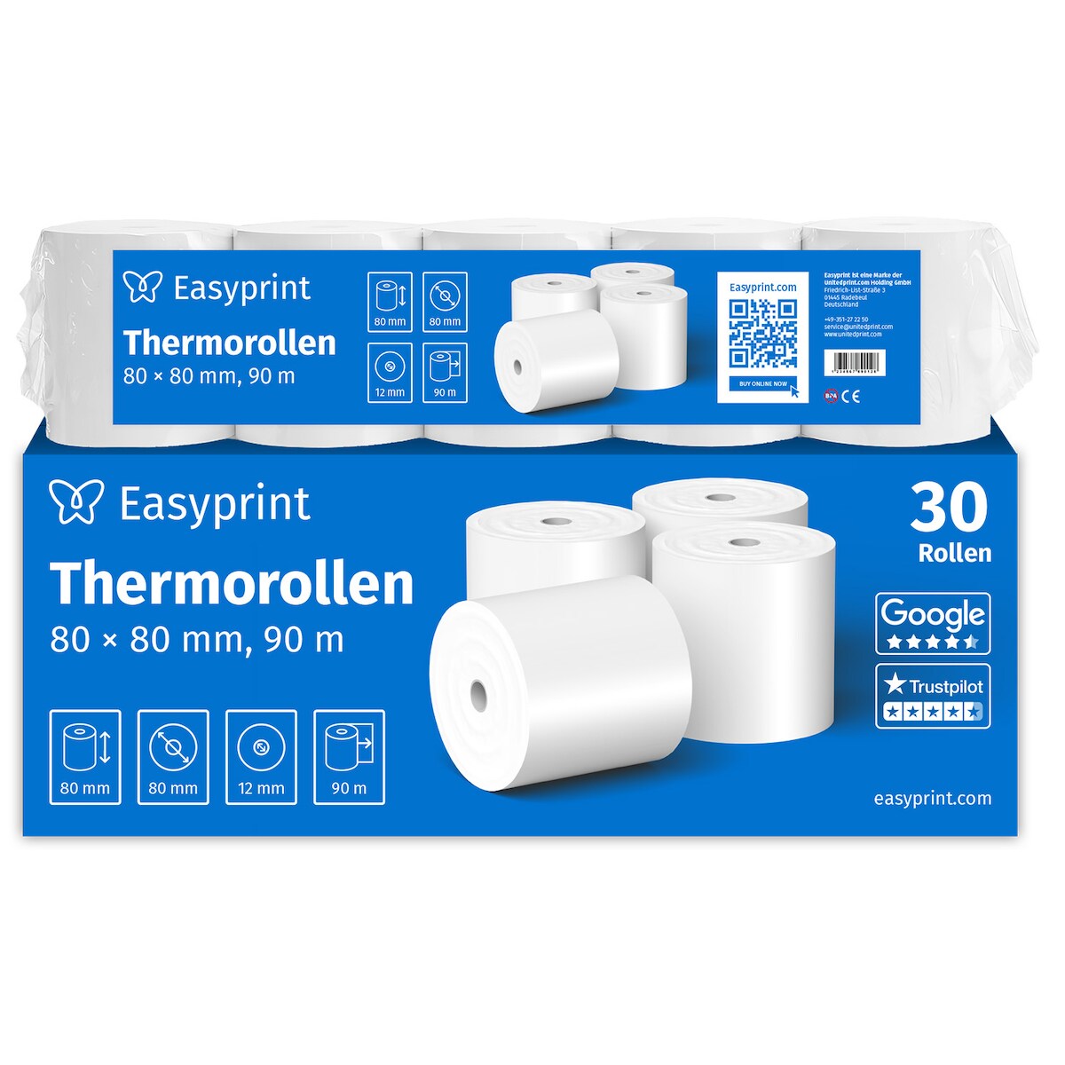 Easyprint Thermorollen / Kassenrollen,30 Rollen, 80mm x 80mm x 12mm, 90m, PEFC zertifiziert, Für EPSON, IBM, u.v.m.