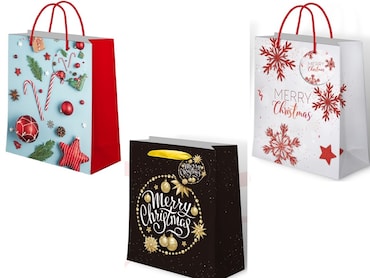 Gifty king, sacchetti regalo di natale taglia L, in carta certificata fsc 180gr, 26x34x14, confezione da 12 pezzi,  3 modelli assortiti, multicolore.