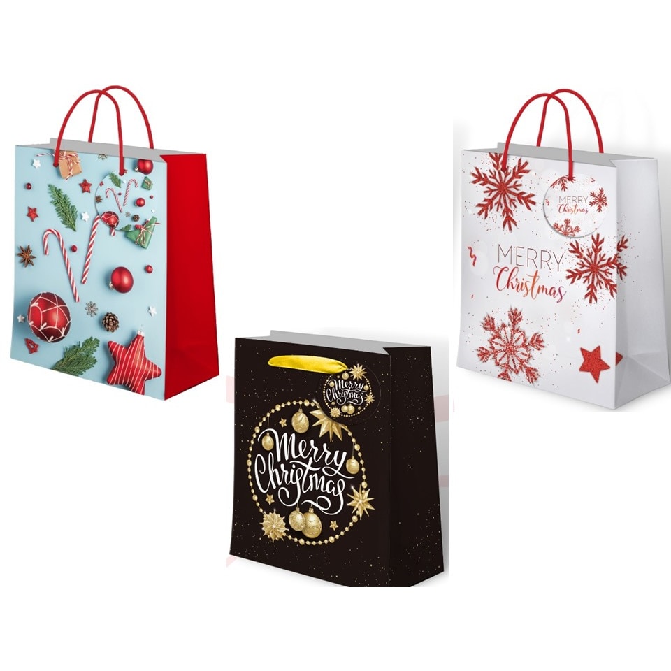 Gifty king, sacchetti regalo di natale taglia L, in carta certificata fsc 180gr, 26x34x14, confezione da 12 pezzi,  3 modelli assortiti, multicolore.