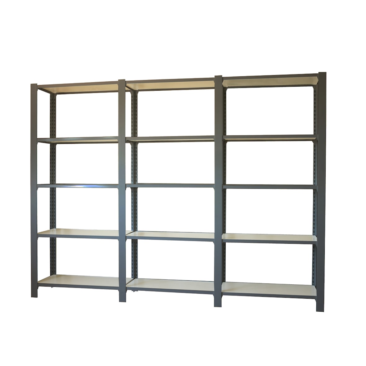 Módulo de 3 estantes Officlick com 5 prateleiras de madeira cada. Antracite/branco 2100x2700x300 mm