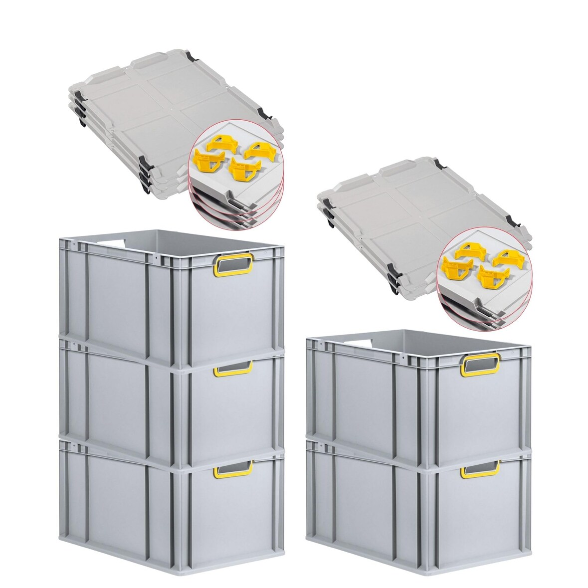 PROREGAL SparSet 5x Eurobox NextGen Color mit Auflagedeckel & Verschlüsse, HxBxT 32x40x60cm, 65L, Grau, Griffe gelb offen, Eurobehälter, Box