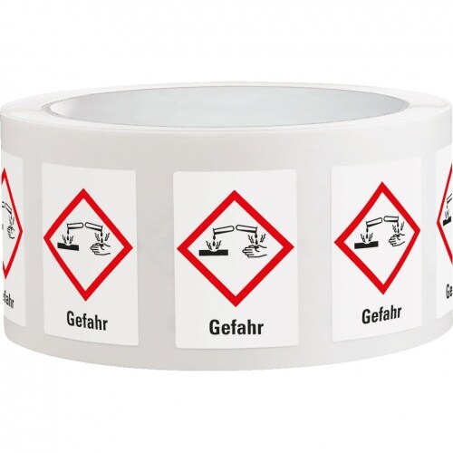 Dreifke® Aufkleber I Gefahrensymbol Ätzwirkung GHS 05, Gefahr, Folie, 52x74mm, 500/Rolle, GHS-Verordnung