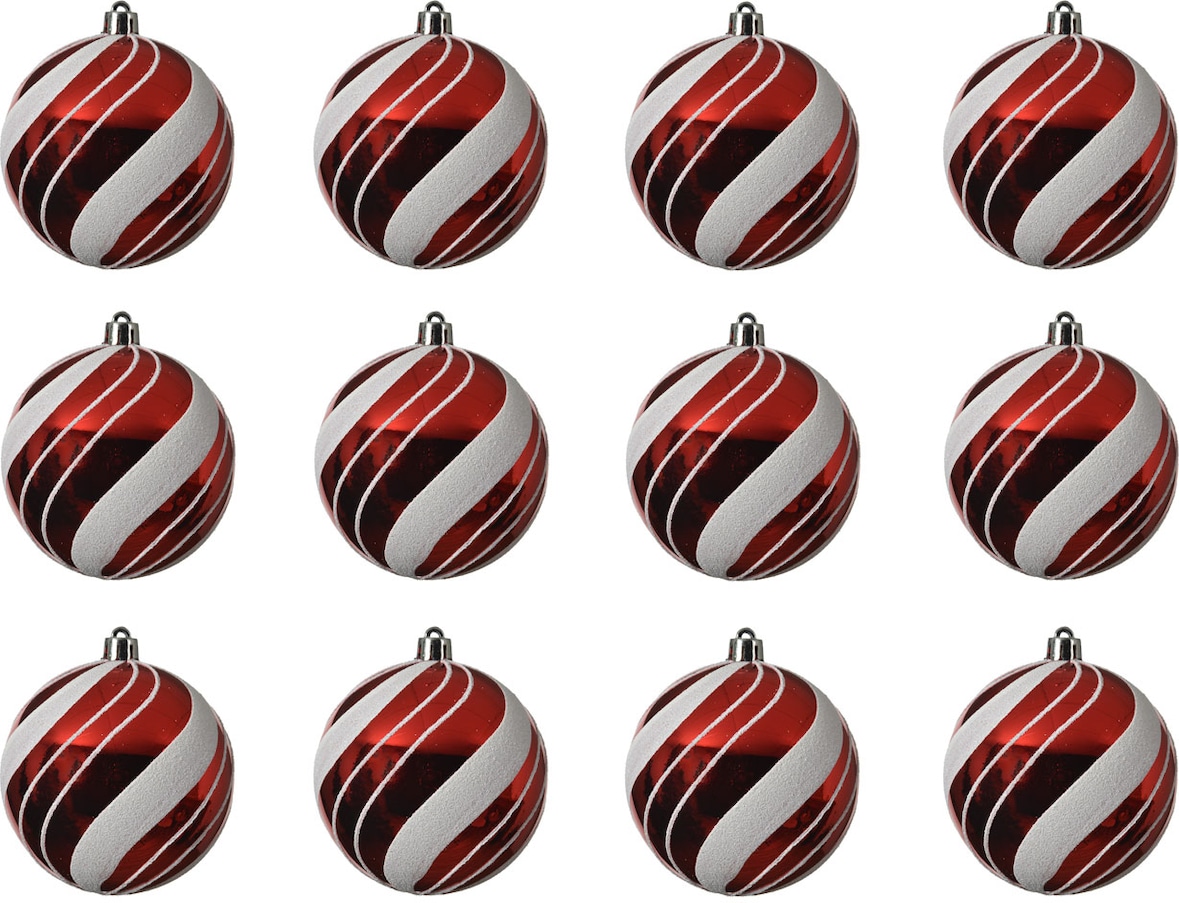 12 Weihnachtskugeln 8cm Kunststoff mit Streifen Muster Christbaumkugeln rot weiß