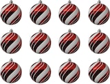 thumbnail of 12 Weihnachtskugeln 8cm Kunststoff mit Streifen Muster Christbaumkugeln rot weiß