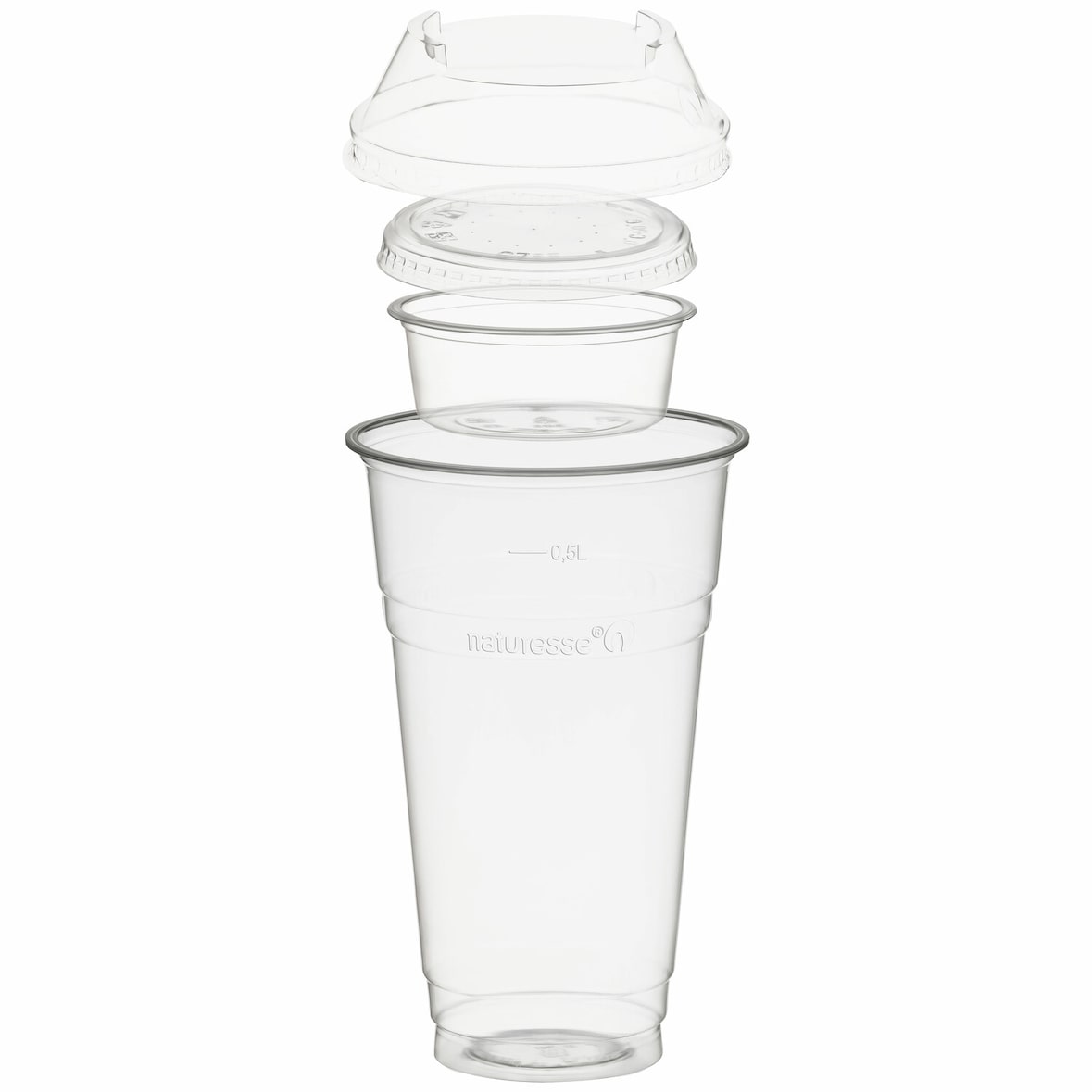 100x BIO Trinkbecher 500ml+Domdeckel+ 60ml Einsatzbecher stapelbar PLA